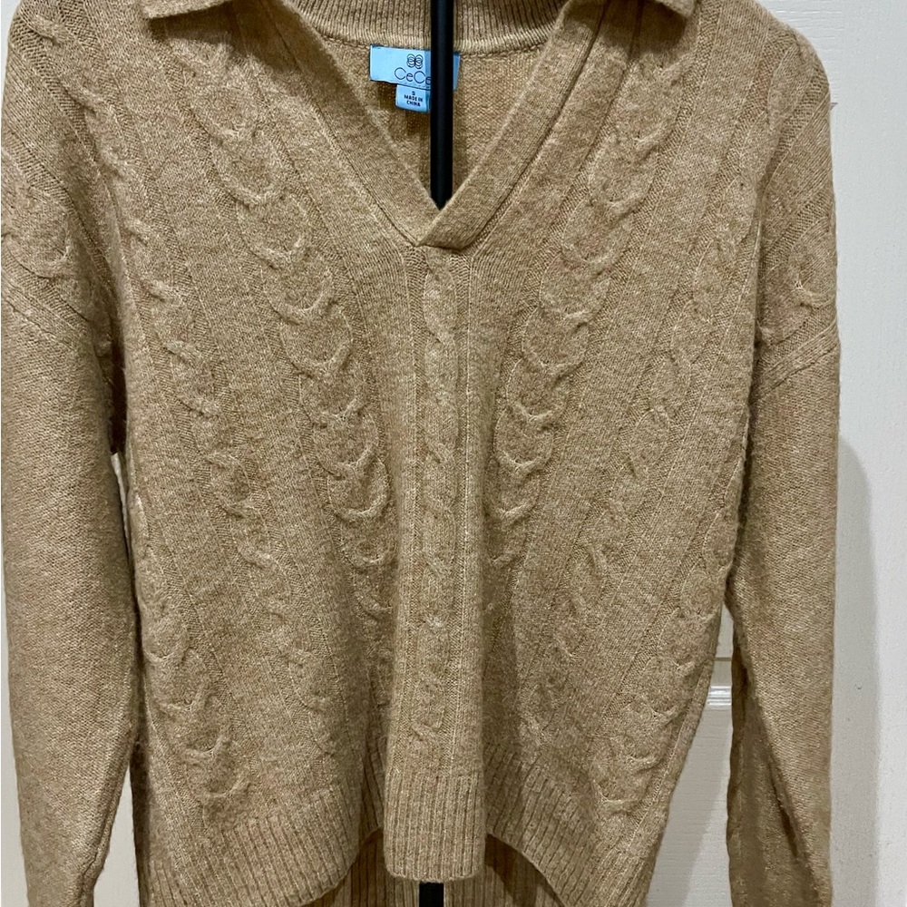 CeCe V-Neck Cable Sweater - Tan - Picture 2 of 8